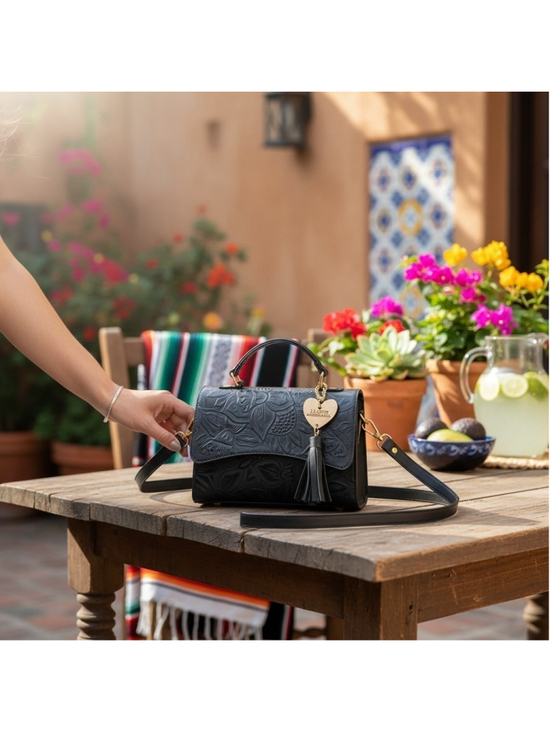 Unbranded Handbags - Black Sunflower Embossed Tooled Artisan Leather Crossbody Bag Purse Bolsa Piel